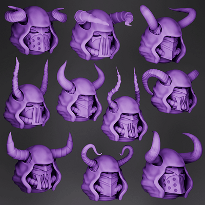 Chaos hooded and horned helmets 3d 3d art 3d model 3d printing 3d sculpting blender warhammer