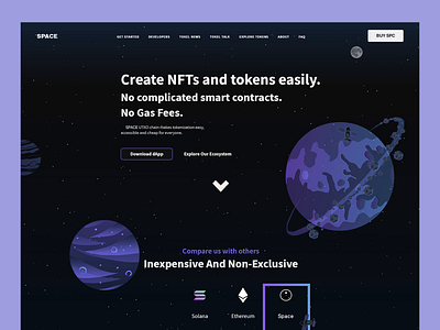 SPACE - NFT CREATION LANDING PAGE aircraft clean layout dark mode digital agency digital marketing eth gas fees illustration landing page nft nft marketplace planets imagery platform space theme spc token token creation tokens ui ux web3 website development