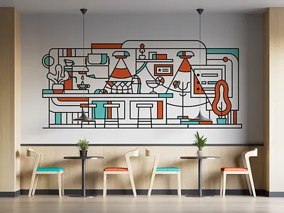 Cafe branding - decorative wall brand identity branding cafe cafe branding coffee coffee shop colorful decorative wall geometric icosaedru illustration interior design minimalist space branding visual branding visual identity