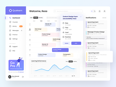 Online learning (LMS) Dashboard calender chart dashboard graph minimal product design sidebar task ui ui ux user user dashboard ux web web design