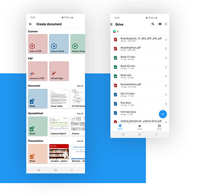 Office Sute Create New Document and Drive Features android app design ux