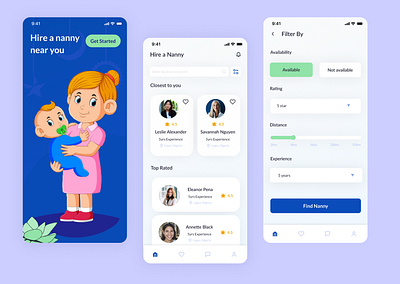 Hire A Nanny mobile design concept babbysitting concept design mobile nanny ui ux