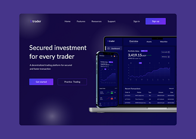 Stock trading hero page design blockchain decentralized stock trading ui web3