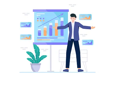Ilustration a man presenting a growth chart on a board statistic