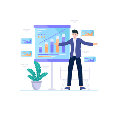 Ilustration a man presenting a growth chart on a board statistic