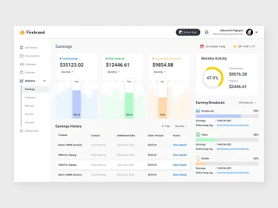 Earnings Page For Marketing Application clean ui dashboard dashboard ui design earnings internet marketing marketing marketing agency marketing agency landing page marketing analytics software marketing application design marketing tool marketing tool dashboard minimal ui saas application ui sales tool uiux design agency