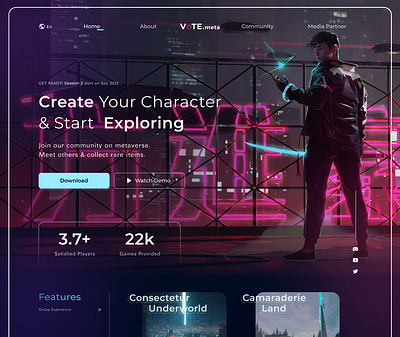 VOTE | Metaverse Game Concept branding city crypto dark theme figma game graphic design ios landing landing page meta verse metaverse nft nft website steam ui virtual reality web design website