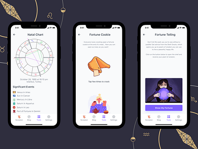 Astrology - Horoscope App app astrology cookie design figma fortune galaxy horoscope illustration inspiration interface mobile mobile design modern natal chart ui ux zodiac