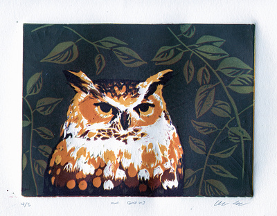 "Gazing Owl" Linocut animals fine art liinocut nature owl printmaking