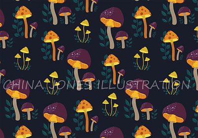 "Bioluminescent Mushrooms" Pattern adobe illustrator floral fungi illustrations mushrooms repeat pattern seamless pattern vector illustration