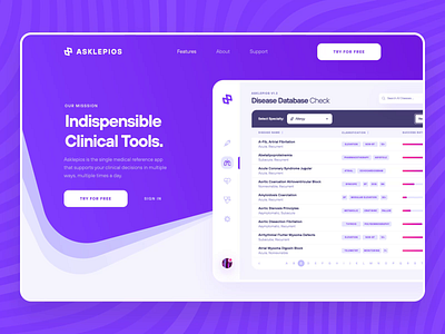 Asklepios Health - Web Design Landing Page UI/UX 2d animation biotech cure disease drug flat health illustration landing page medical medicine pharma purple science ui ux violet web design website