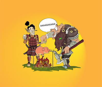 BBQ 2d character axe bbq boar bonfire characterdesign children book illustration dinner fire funny hatchet illustration joke ninja pig samuraj shock vector viking wild boar