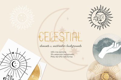 CELESTIAL elements & backgrounds aquarell boho celestial collection hand illustration logo lunar magic moon sky star sun watercolor