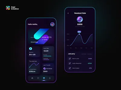 Finance UI Concept app balance banking capi card finance graph neon tab bar transaction ui