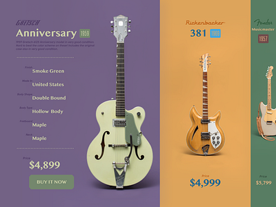 Daily UI #012 / E-Commerce Shop carousel colors dailyui dailyui 012 ecommerce fender gretch guitar guitars music musicmaster neck old rb retro rickenbacker shop showcase