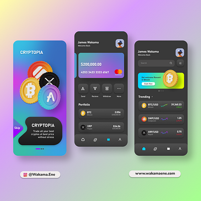 Cryptopia UI Design by Wakama Ene 2022 app best bitcoin crypto design graphic design hire illustration inspiration mobile ui ux vector