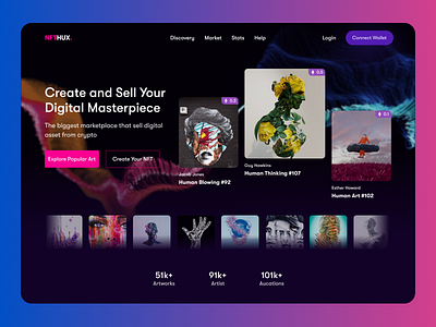 NFTHUX. - NFT Marketplace Website branding crypto design dribbble ethereum exploration home screen illustration landingpage likes marketplace nft nftwebsite popular pro ui uidesign uiux webdesign website