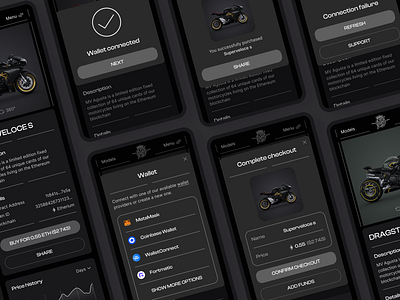 NFT Marketplace mobile site banner bike black blockchain card commerce dark design e commerce graphic design mobile moto motorcycle nft pop up product page ui web design