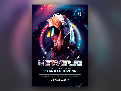 Metaverse Flyer artificial digital download flyer glow glow in the dark graphic design graphicriver innovation metaverse neon party poster psd template virtual vr