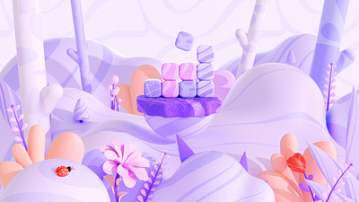Dream Forest 3d around c4d cute dream flowers forest fuchsia insect ladybug leaf plant purple rough shrub stone sunlight texture trees wood