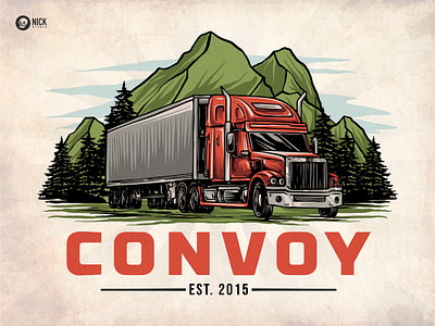 Convoy est. 2015 badge badge design brand identity branding design graphic design hand drawing hand drawn hand drawn drawing illustration landscape logo logo design mountain pine tree road t shirt design truck vintage vintage logo