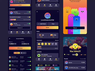 GAMLA animation app design character colorful custom customizable color dark game design gradient illustration interface mascot mobile game nft play to earn product design redis ui ux web3