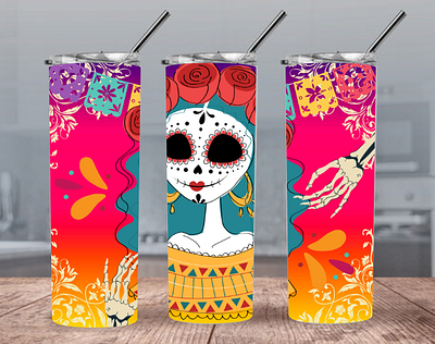 Digital Sugar Skull 20oz and 30oz Straight Skinny Tumbler Design colorful