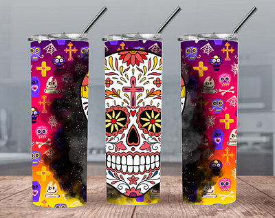 Digital Sugar Skull 20oz and 30oz Straight Skinny Tumbler Design colorful