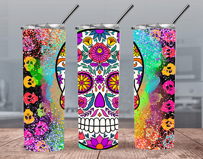 Digital Sugar Skull 20oz and 30oz Straight Skinny Tumbler Design colorful