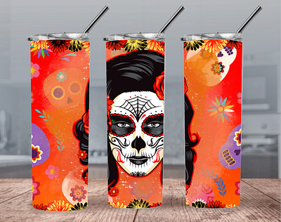 Digital Sugar Skull 20oz and 30oz Straight Skinny Tumbler Design colorful