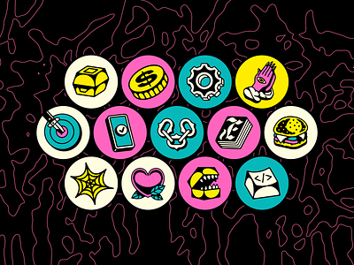 Lunchbox.io Icon system burger food tech foodie gears green icons illustration lunchbox pink prayer hands target