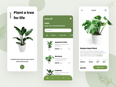 Melisaa Plants Application android app screen design figma graden leaf mobile app plant plant care plant shop product design ui ui design ux