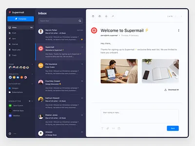 Supermail ⚡ branding dailyui dark design figma gmail inbox mail projects red team ui uiux user interface web