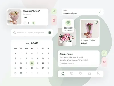UI Components for Flowers & Plants Shop App | Mobile App app application branding cards case study components concept delivery design elements flower flowers green mobile mobile app plants shop ui uiux ux