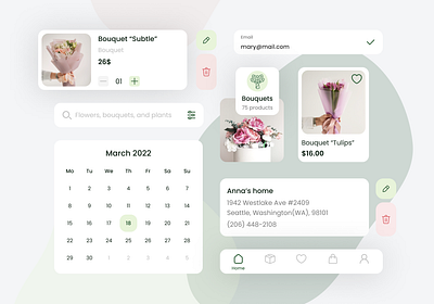 UI Components for Flowers & Plants Shop App | Mobile App app application branding cards case study components concept delivery design elements flower flowers green mobile mobile app plants shop ui uiux ux