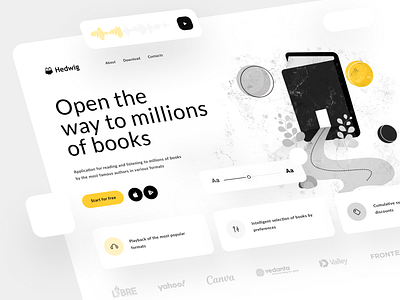 Landing for mobile application "Hedwig" app book branding design first graphic design illustration intro play ui ux