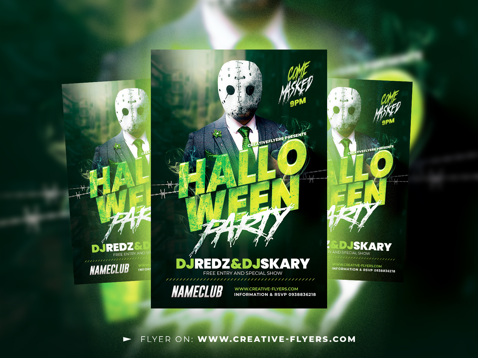 Halloween Party Flyer (PSD) creative flyer flyer template flyer templates graphic design green lights halloween halloween flyer halloween party mask photoshop poster psd psd flyer
