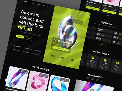 feNFT - NFT Marketplace Landing Page crypto cryptocurrency dark homepage landing page marketplace nft nft art nft marketplace nfts token ui uiux web design website