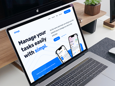 Simpl. - Task Management Website Mockup view activity clean hero section landing page laptop mockup macbook mockup management minimal mobile app productivity project management saas saas landing page task management website task manager ui design uiux ux design web design website