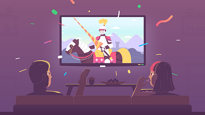 Watching TV character couch couple family film flat graphic design home horse illustration knight leisure people room show sofa texture tv vector watching