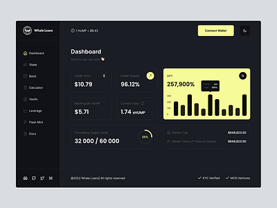 Whale Loans - crypto financial tool Dashboard Dark Theme analytics animation blockchain chart clean cryptocurrency dashboard finance interface minimal modern nav product product design saas trading ui uidesign ux wallet