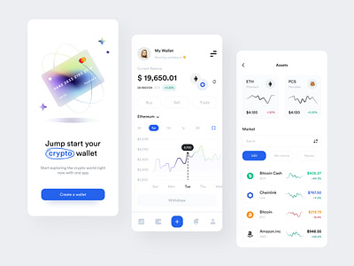 Cryptocurrency App activity app design aset blue card chart cryptocurrency dashboard filter gradient graph graphic design market modern nft payment popular swap transaction wallet