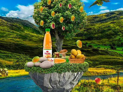 Social media post 3d dribbble graphic design illustration island theme juice juice ad mango juice social media post upwork