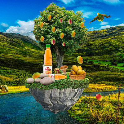 Social media post 3d dribbble graphic design illustration island theme juice juice ad mango juice social media post upwork