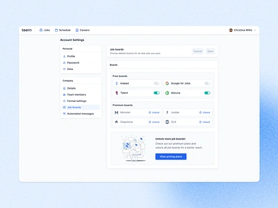 Job boards - limited experience account account settings career greenhouse hire hiring job jobs lever limited premium pricing reqcruitment settings side navigation sidebar tab tabs teero upsell