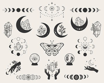 magical set celestial contour design graphic graphic design illustration line art magic monochrom mystic svg vector witchy