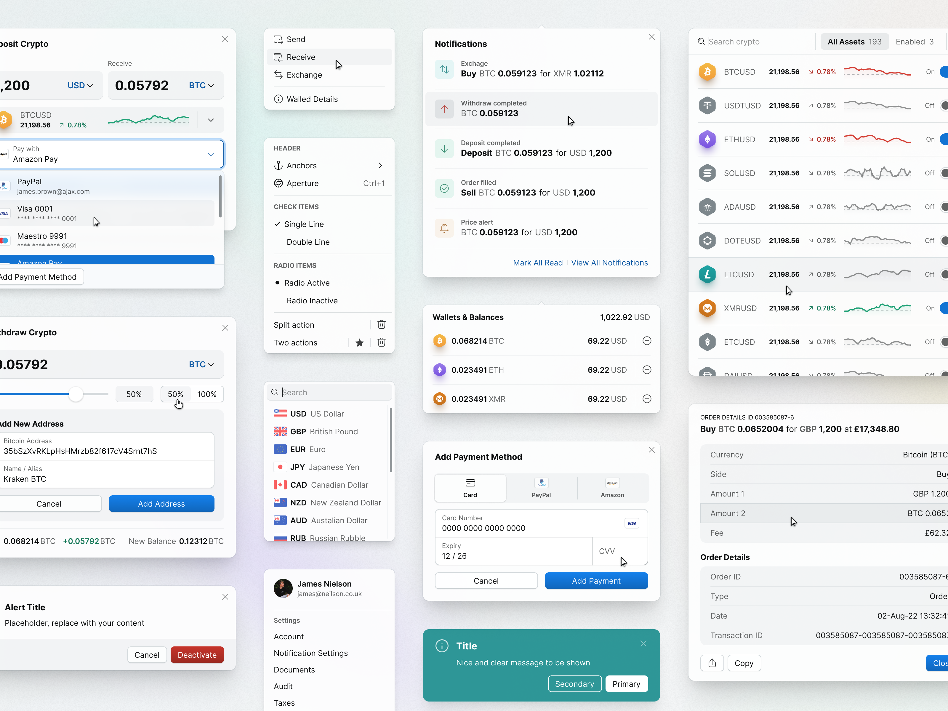 Crypto Trader UI: Overlays application crypto design dropdown form modal popover ui