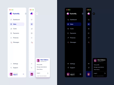 Collapsing Sidebar Navigation - Light and Dark mode animation collapsing costs dark dark mode finances graphic design light navigation payments sales sidebar ui ux uxui website