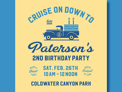 Paterson's B'Day Invite birthday branding cake candle candles car cars design ford illustration invitation invite logo party truck trucks type typography vector wheel