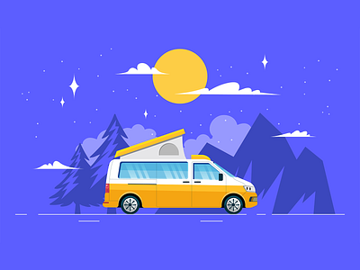 Camper camp camper campers campervan camping clean design illustration moon mountains nature road trip rv star t5 travel trees van vector vw